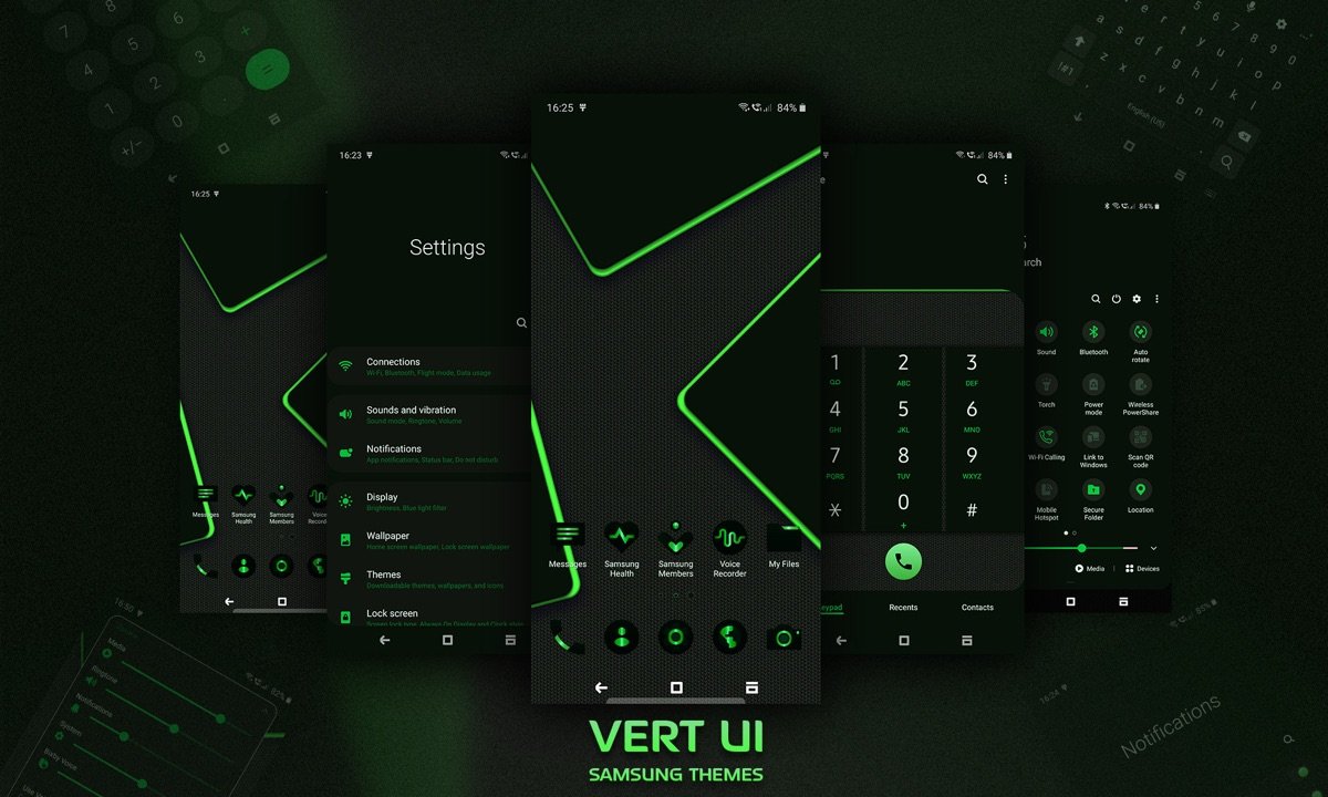 Vert UI theme shown across Galaxy phone screens