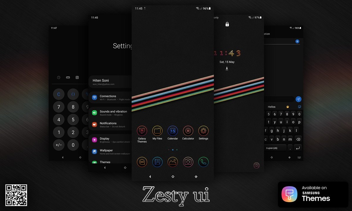 Zesty UI theme shown across Galaxy phone screens