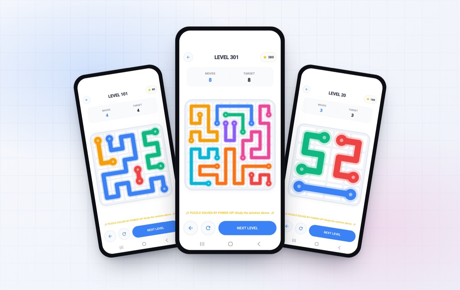 Twin Trace gameplay across three phone screens with colorful connect-the-dot puzzles